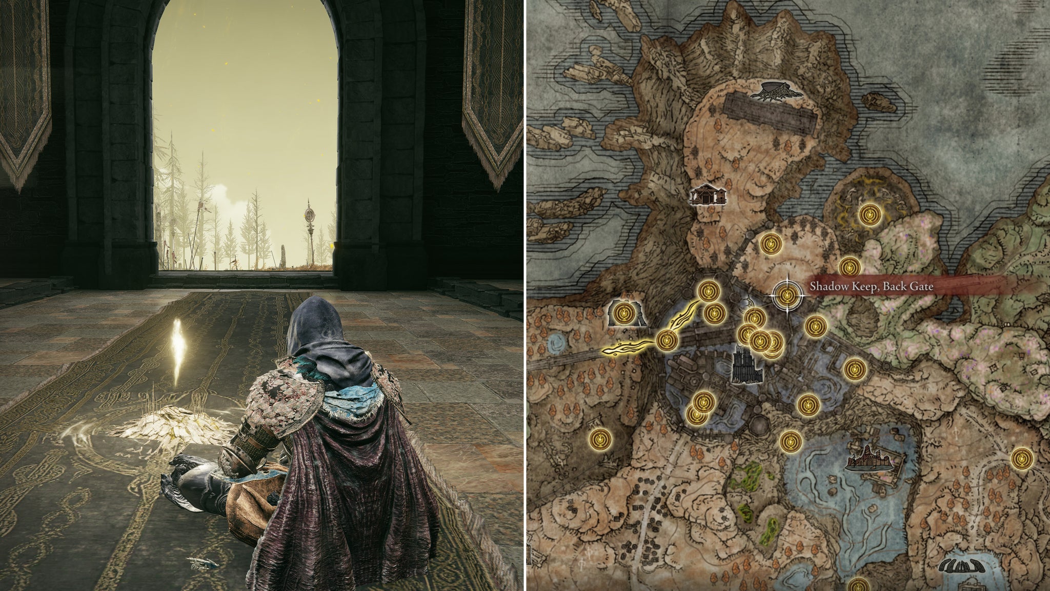 Two screenshots from Elden Ring: Shadow Of The Erdtree. Left: the player sits next to the Shadow Keep Back Gate Site Of Grace. Right: the location of that Site Of Grace on the map. - 98