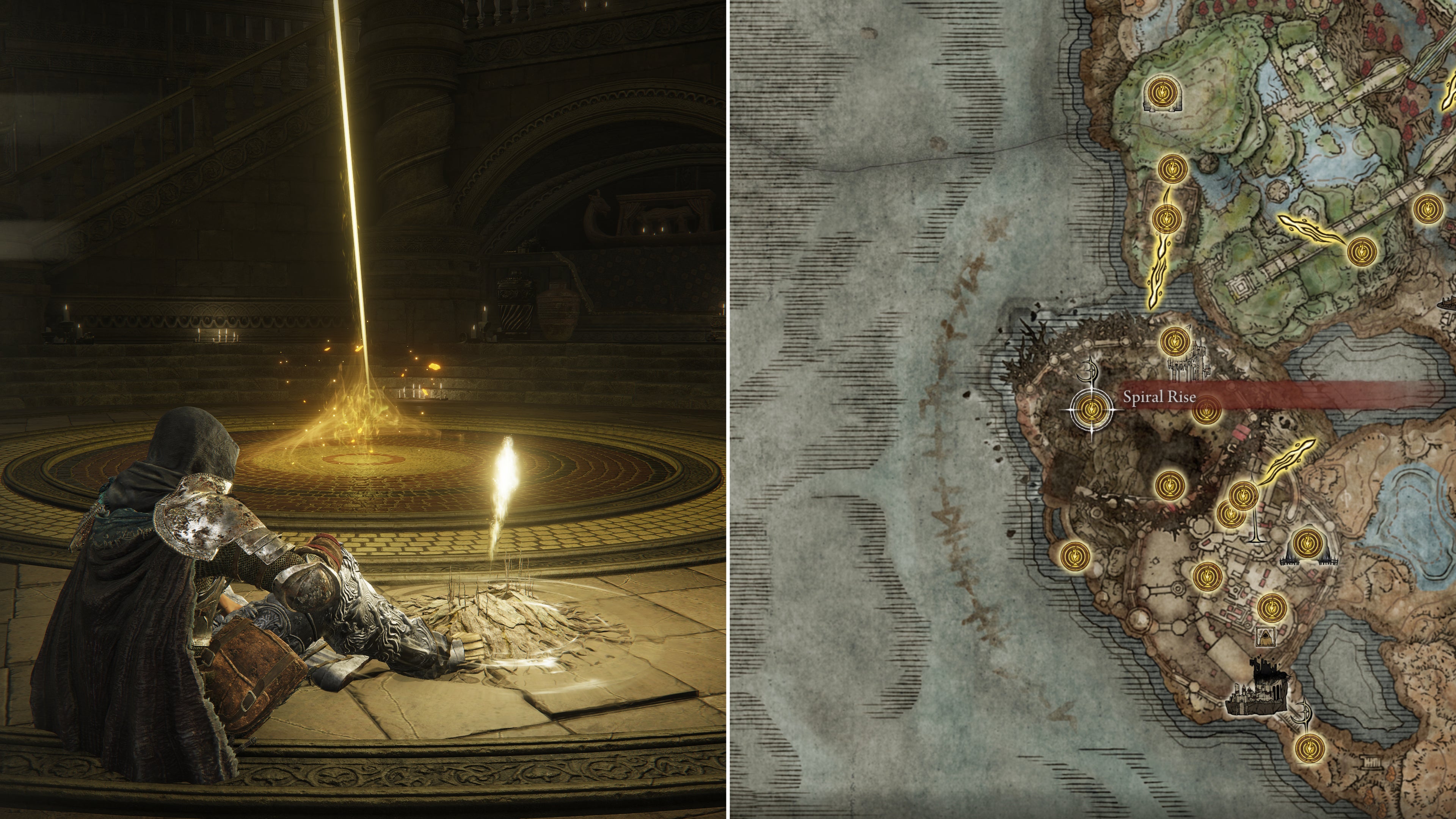 Two screenshots from Elden Ring: Shadow Of The Erdtree. Left: the player sits next to the Spiral Rise Site Of Grace. Right: the location of that Site Of Grace on the map.