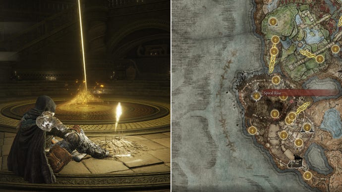 Two screenshots from Elden Ring: Shadow Of The Erdtree. Left: the player sits next to the Spiral Rise Site Of Grace. Right: the location of that Site Of Grace on the map.