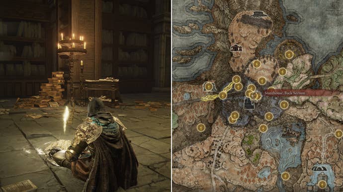 Two screenshots from Elden Ring: Shadow Of The Erdtree. Left: the player sits next to the Storehouse Back Section Site Of Grace. Right: the location of that Site Of Grace on the map.