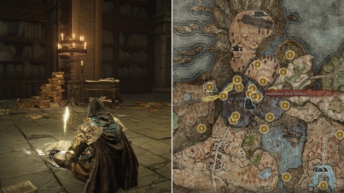 Two screenshots from Elden Ring: Shadow Of The Erdtree. Left: the player sits next to the Storehouse Back Section Site Of Grace. Right: the location of that Site Of Grace on the map.