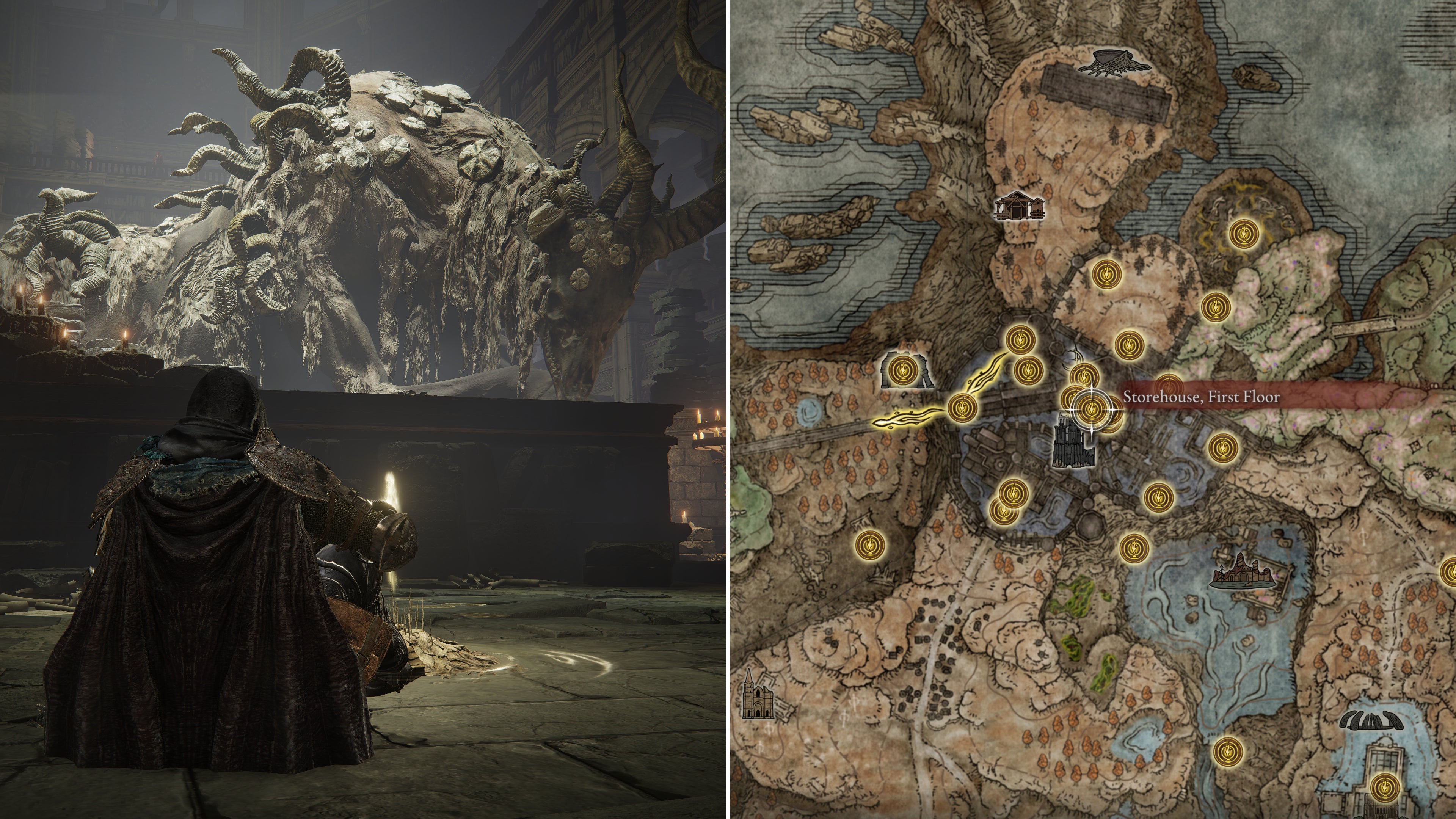 Two screenshots from Elden Ring: Shadow Of The Erdtree. Left: the player sits next to the Storehouse First Floor Site Of Grace. Right: the location of that Site Of Grace on the map.