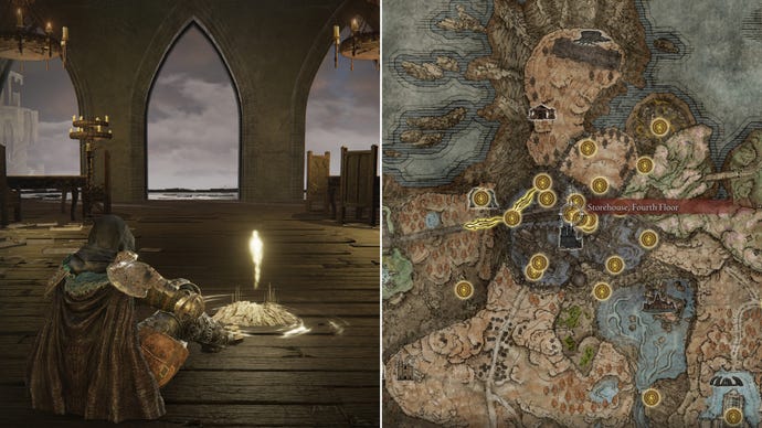 Two screenshots from Elden Ring: Shadow Of The Erdtree. Left: the player sits next to the Storehouse Fourth Floor Site Of Grace. Right: the location of that Site Of Grace on the map.