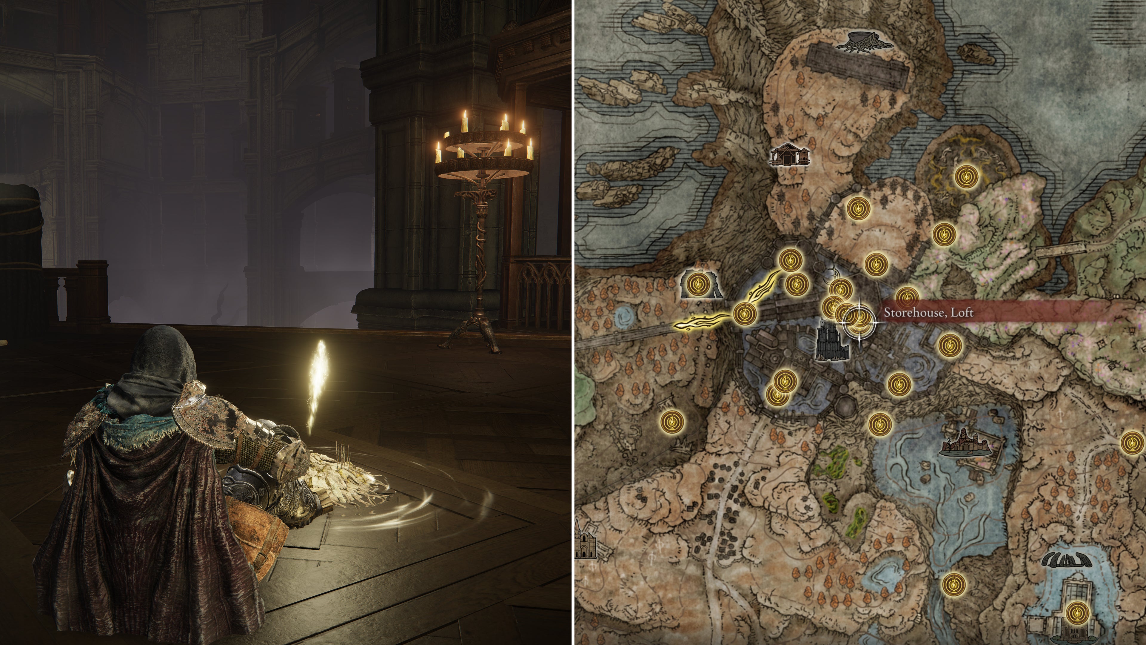 Two screenshots from Elden Ring: Shadow Of The Erdtree. Left: the player sits next to the Storehouse Loft Site Of Grace. Right: the location of that Site Of Grace on the map.