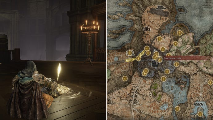 Two screenshots from Elden Ring: Shadow Of The Erdtree. Left: the player sits next to the Storehouse Loft Site Of Grace. Right: the location of that Site Of Grace on the map.