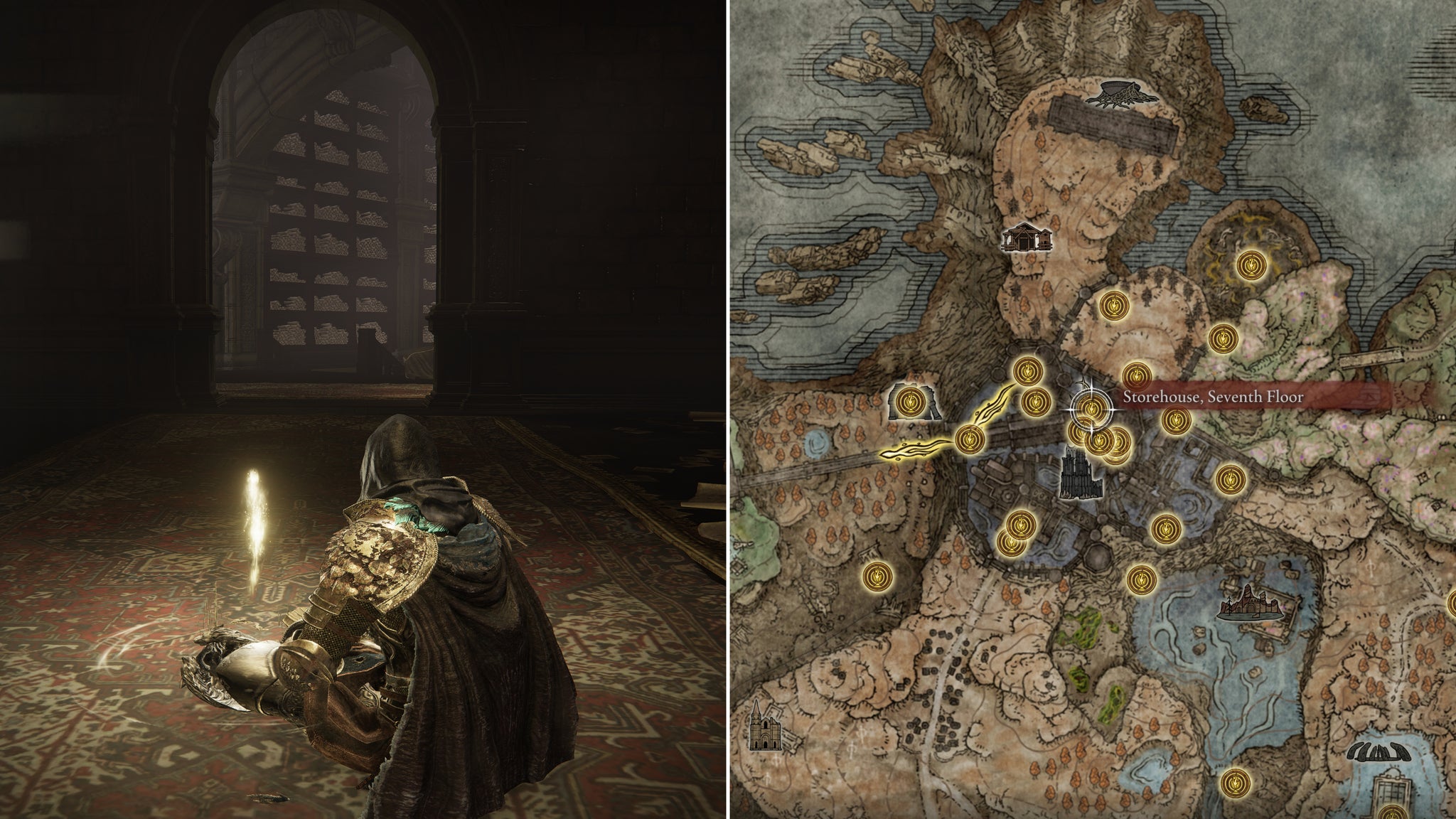 Two screenshots from Elden Ring: Shadow Of The Erdtree. Left: the player sits next to the Storehouse Seventh Floor Site Of Grace. Right: the location of that Site Of Grace on the map. - 91