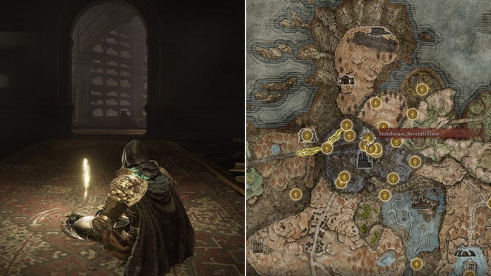 Two screenshots from Elden Ring: Shadow Of The Erdtree. Left: the player sits next to the Storehouse Seventh Floor Site Of Grace. Right: the location of that Site Of Grace on the map.