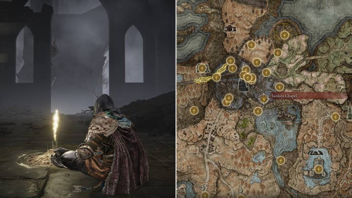 Two screenshots from Elden Ring: Shadow Of The Erdtree. Left: the player sits next to the Sunken Chapel Site Of Grace. Right: the location of that Site Of Grace on the map.
