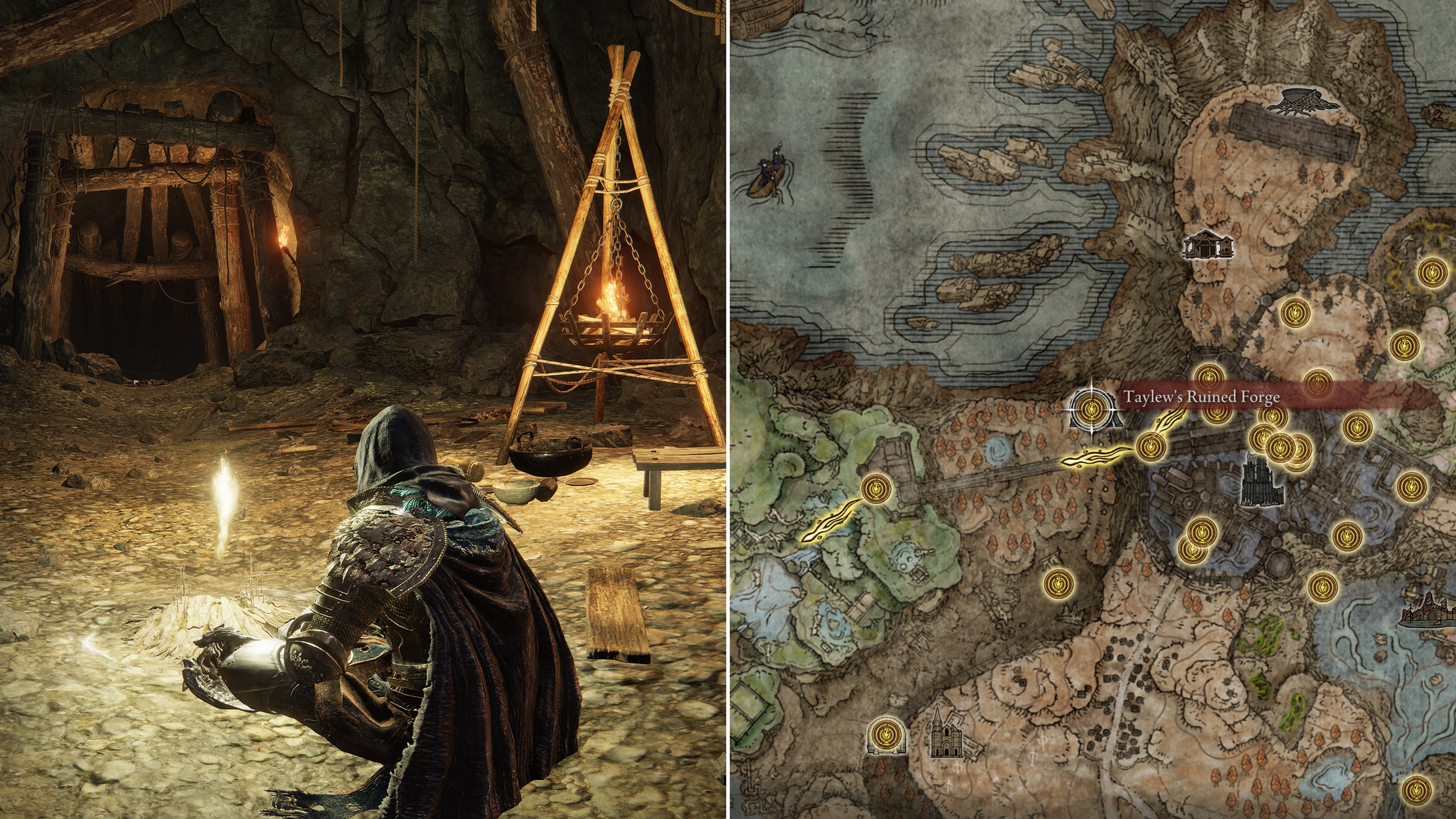 Two screenshots from Elden Ring: Shadow Of The Erdtree. Left: the player sits next to the Taylew&rsquo;s Ruined Forge Site Of Grace. Right: the location of that Site Of Grace on the map.