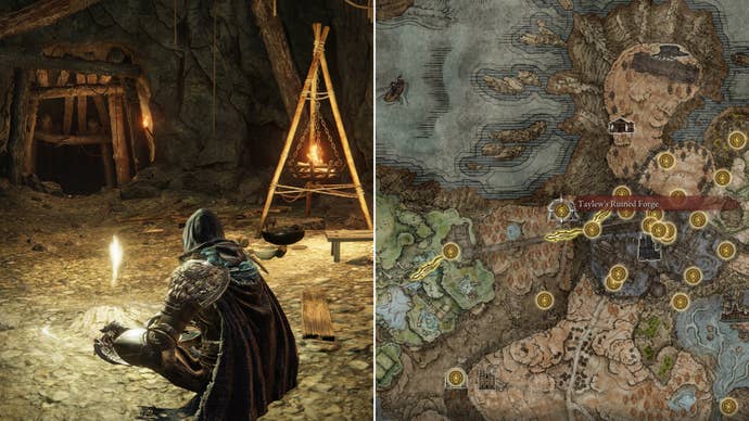 Two screenshots from Elden Ring: Shadow Of The Erdtree. Left: the player sits next to the Taylew’s Ruined Forge Site Of Grace. Right: the location of that Site Of Grace on the map.