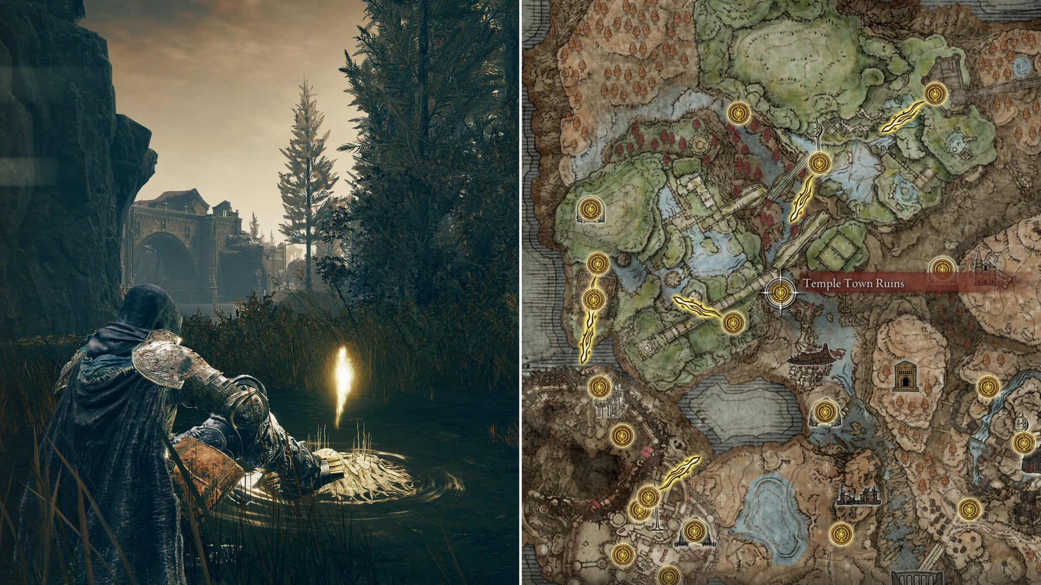 Two screenshots from Elden Ring: Shadow Of The Erdtree. Left: the player sits next to the Temple Town Ruins Site Of Grace. Right: the location of that Site Of Grace on the map. - 52