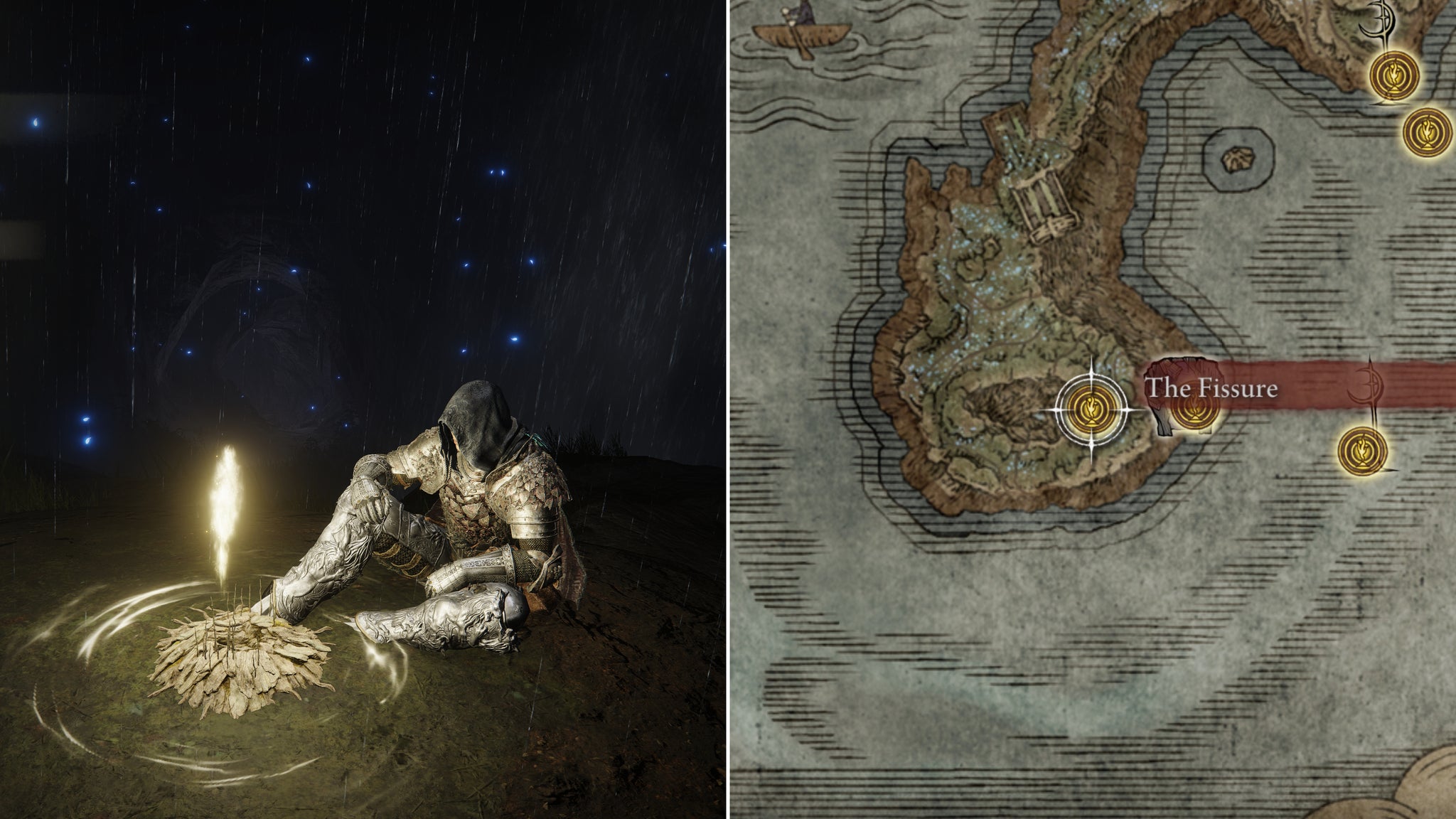 Two screenshots from Elden Ring: Shadow Of The Erdtree. Left: the player sits next to the Fissure Site Of Grace. Right: the location of that Site Of Grace on the map. - 27