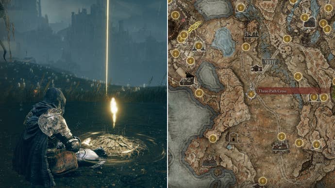 Two screenshots from Elden Ring: Shadow Of The Erdtree. Left: the player sits next to the Three-Path Cross Site Of Grace. Right: the location of that Site Of Grace on the map.