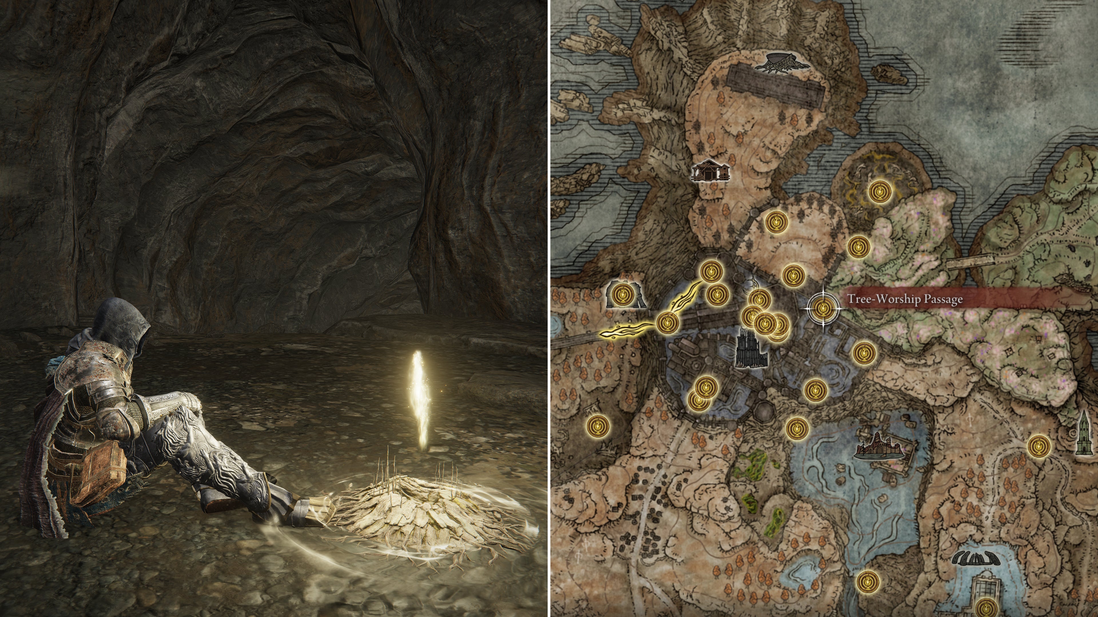 Two screenshots from Elden Ring: Shadow Of The Erdtree. Left: the player sits next to the Tree-Worship Passage Site Of Grace. Right: the location of that Site Of Grace on the map.