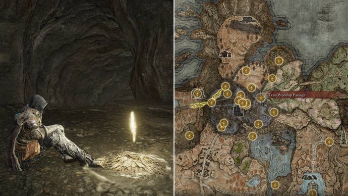 Two screenshots from Elden Ring: Shadow Of The Erdtree. Left: the player sits next to the Tree-Worship Passage Site Of Grace. Right: the location of that Site Of Grace on the map.