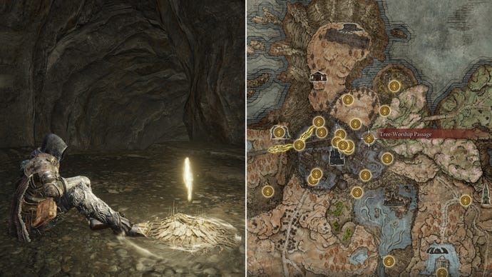 Two screenshots from Elden Ring: Shadow Of The Erdtree. Left: the player sits next to the Tree-Worship Passage Site Of Grace. Right: the location of that Site Of Grace on the map.
