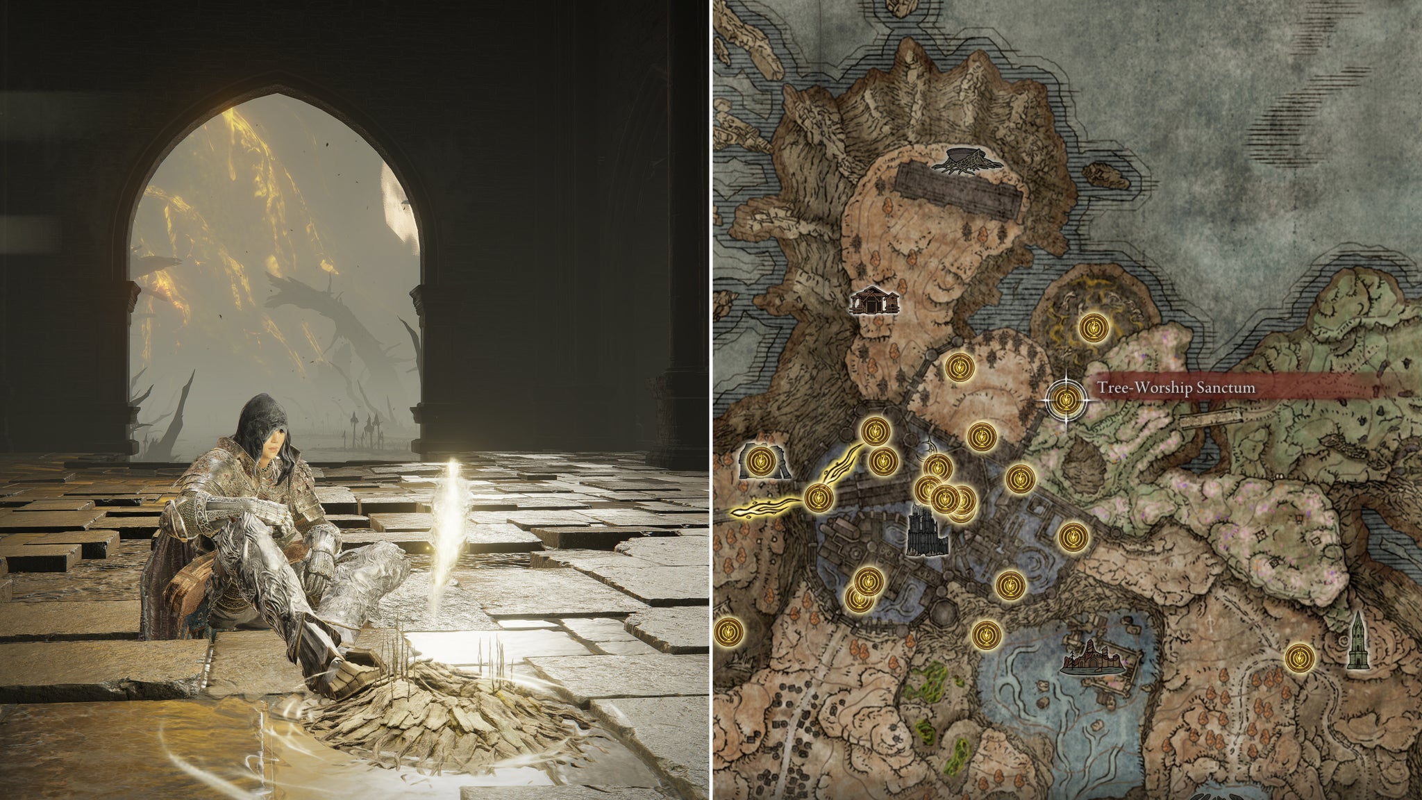 Two screenshots from Elden Ring: Shadow Of The Erdtree. Left: the player sits next to the Tree-Worship Sanctum Site Of Grace. Right: the location of that Site Of Grace on the map. - 88