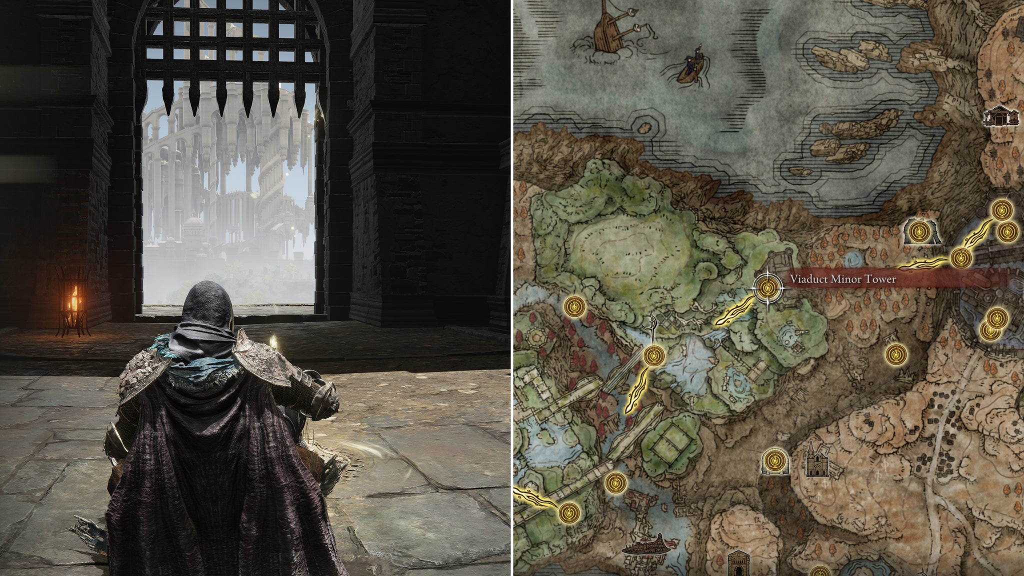 Two screenshots from Elden Ring: Shadow Of The Erdtree. Left: the player sits next to the Viaduct Minor Tower Site Of Grace. Right: the location of that Site Of Grace on the map. - 45