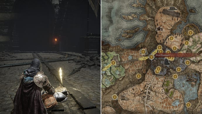 Two screenshots from Elden Ring: Shadow Of The Erdtree. Left: the player sits next to the West Rampart Site Of Grace. Right: the location of that Site Of Grace on the map.