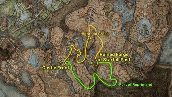Elden Ring: Shadow of the Erdtree map image showing the route you can take to get to the Forge of Starfall Past.