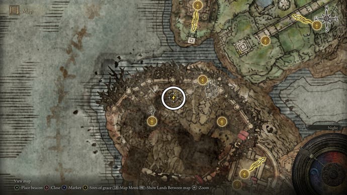 A map screen from Elden Ring Shadow of the Erdtree showing the location of a Somber Ancient Dragon Smithing Stone inside Enir Ilim.