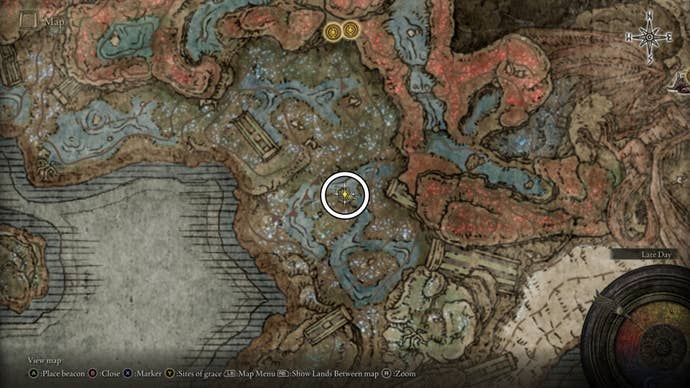 A map screen from Shadow of the Erdtree showing the location of the Ghostflame Dragon on the Cerulean Coast and the Somber Ancient Dragon Smithing Stone you get as a reward for defeating it.