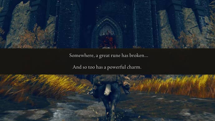A warrior rides towards the Shadow Keep in Elden Ring Shadow of the Erdtree, with the message ‘Somewhere a great rune has broken, and so too has a powerful charm’ across the screen.