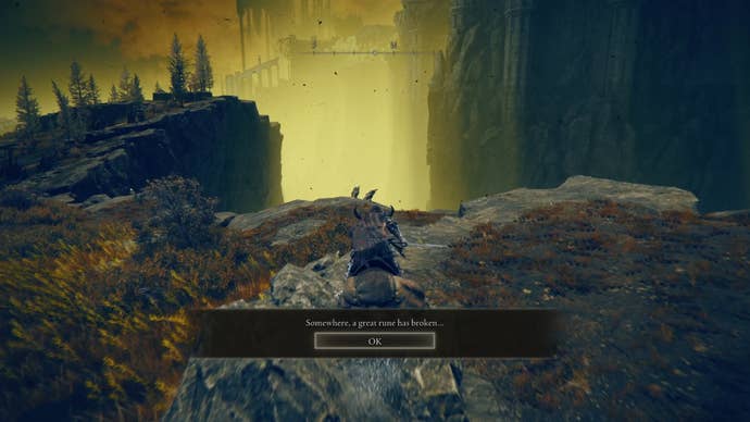 While riding along a cliff on horseback, the player in Elden Ring: Shadow Of The Erdtree recieves a message: “Somewhere, a great rune has broken…”.
