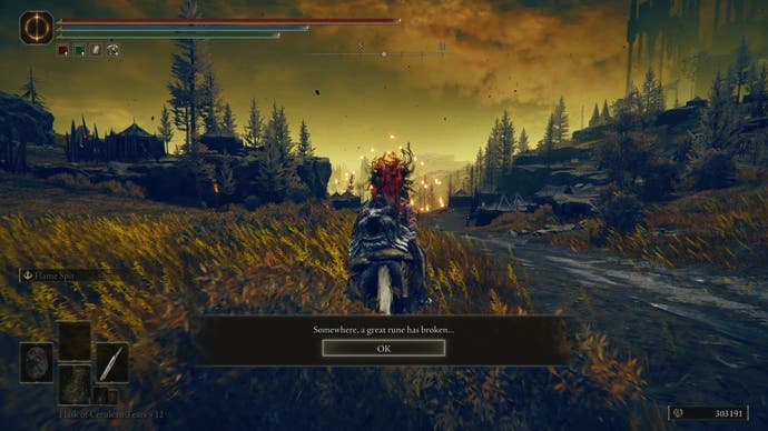 A knight rides across Scadu Altus in Elden Ring Shadow of the Erdtree, with the message 'Somewhere a great rune has broken' on screen.