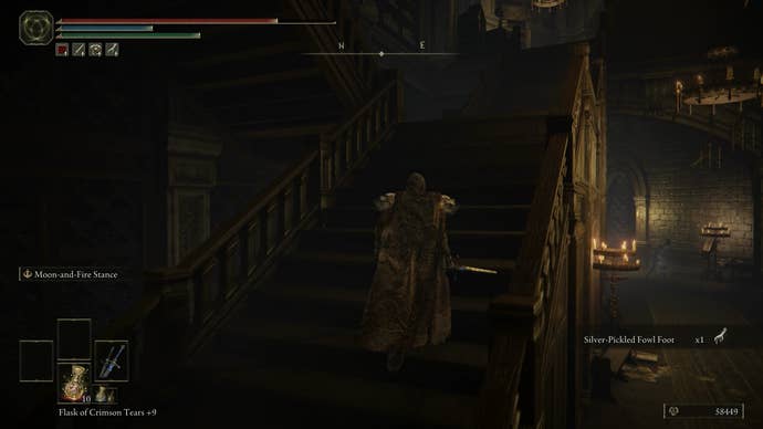 The Tarnished climbing a staircase to the seventh floor of the Specimen Storehouse in Elden Ring Shadow of the Erdtree.