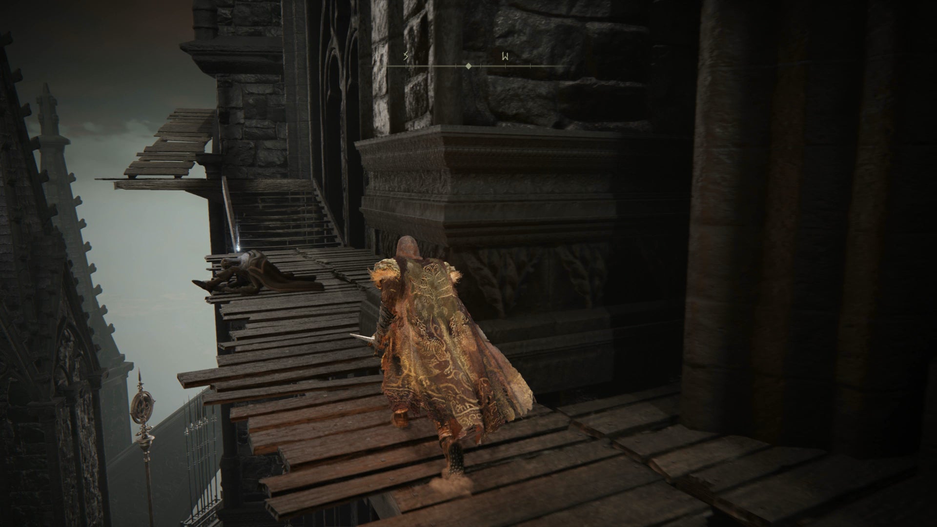 The Tarnished climbing a wooden scaffold on the outside of the Specimen Storehouse in Elden Ring Shadow of the Erdtree. - 5