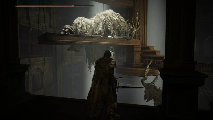 The Tarnished overlooking a central pillar of stuffed monsters in the Specimen Storehouse in Elden Ring Shadow of the Erdtree.