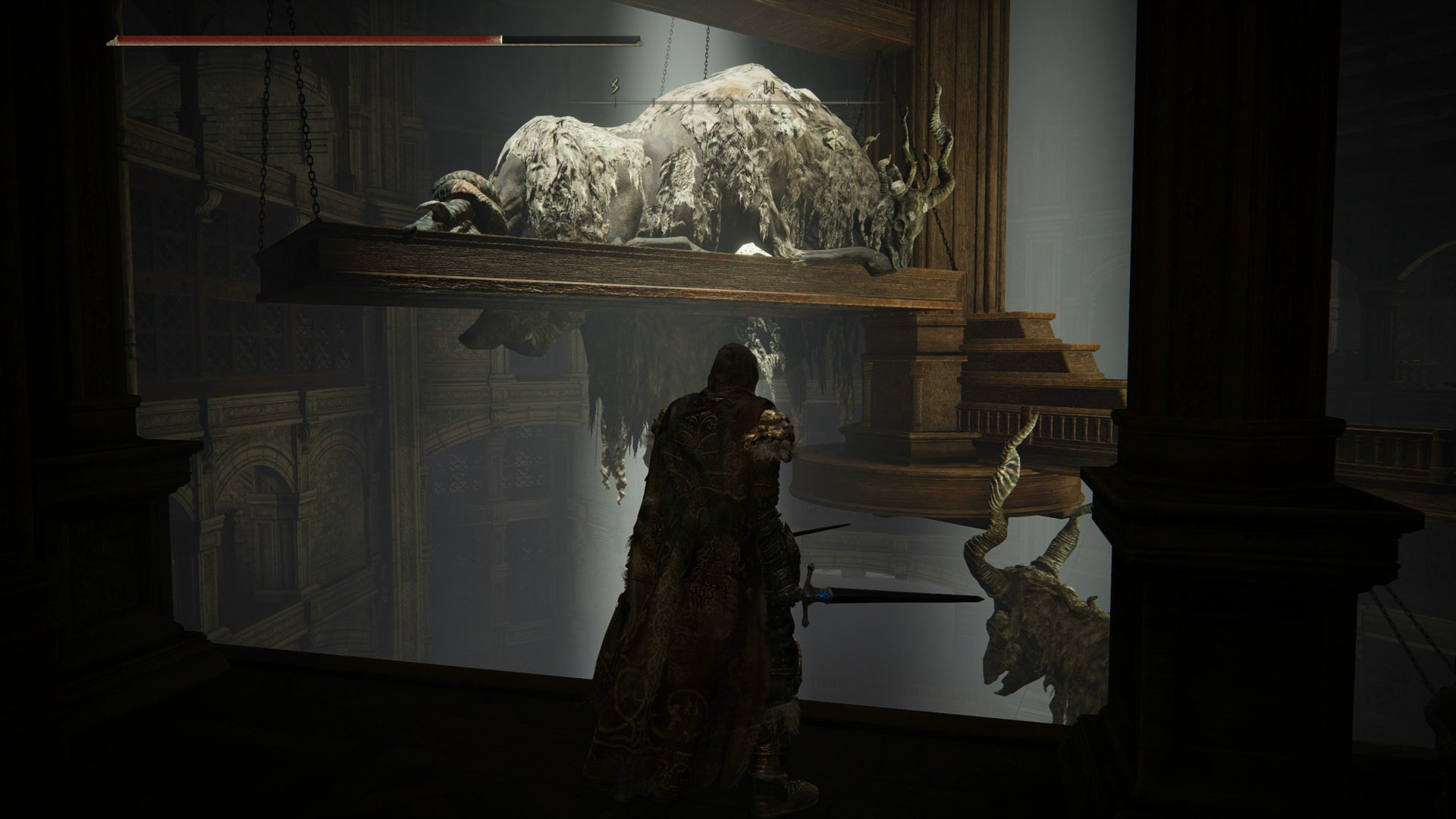 The Tarnished overlooking a central pillar of stuffed monsters in the Specimen Storehouse in Elden Ring Shadow of the Erdtree. - 1