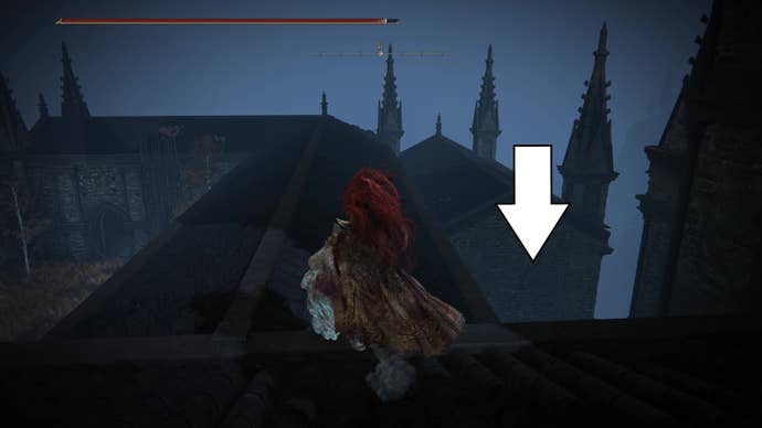A warrior runs across a church rooftop, where a white arrow points to a corpse containing the Glintblade Trio Sorcery spell in Elden Ring Shadow of the Erdtree.