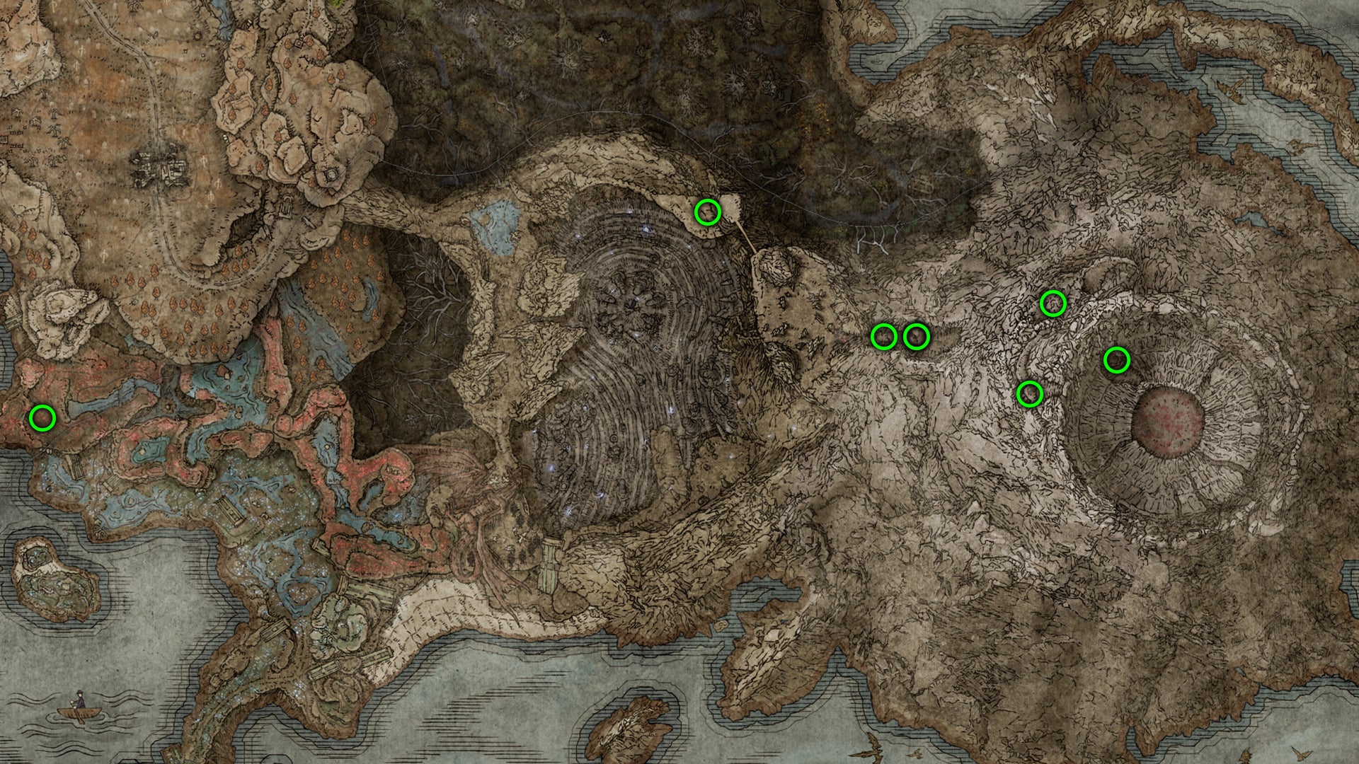 Elden Ring: Shadow Of The Erdtree map image showing the Spiritspring locations in the southern section of The Land of Shadow.