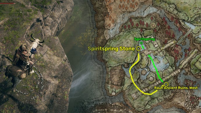 Elden Ring: Shadow Of The Erdtree map image showing the Spiritspring Stone location in the Ancient Ruins of Rauh.