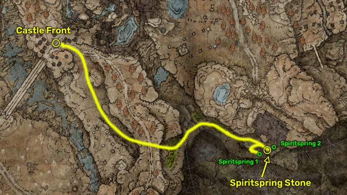 Elden Ring: Shadow Of The Erdtree map image showing the Spiritspring Stone location by the Fort of Reprimand.