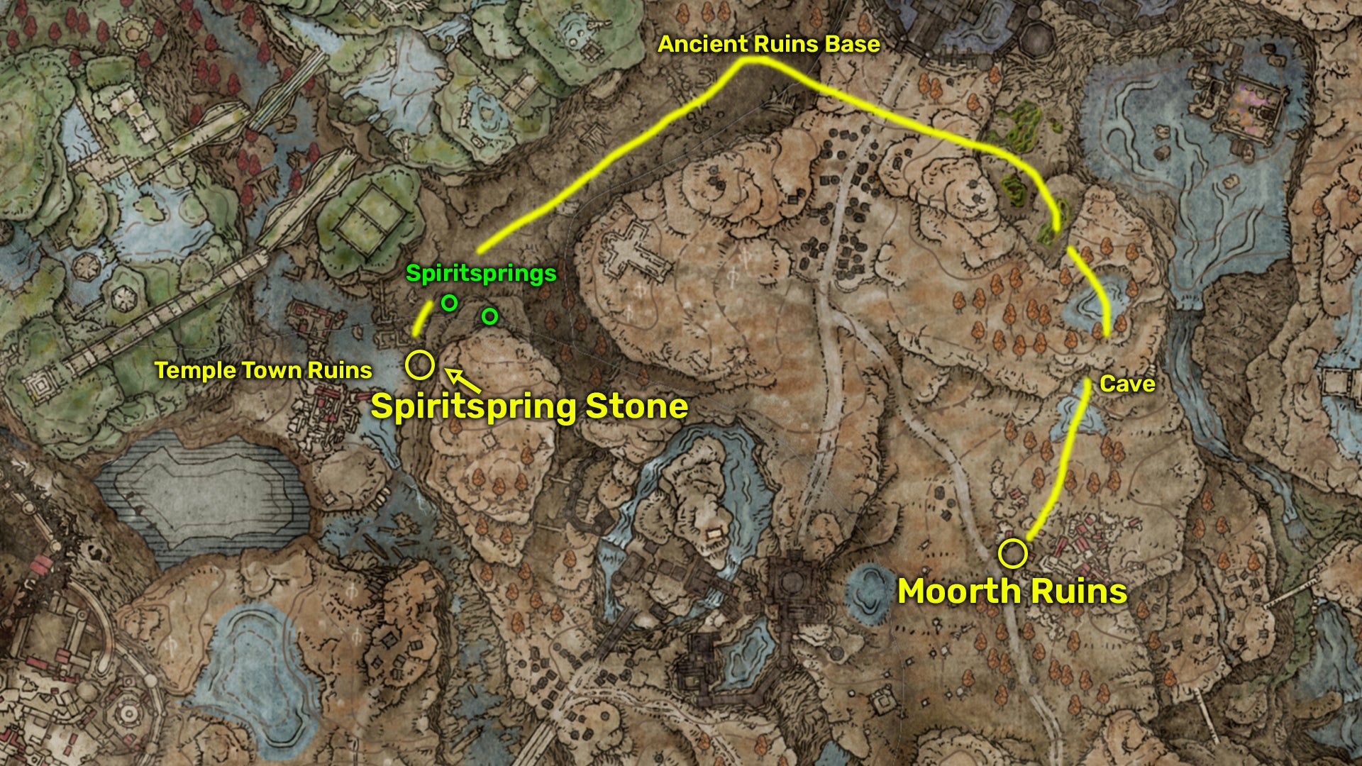 Elden Ring: Shadow Of The Erdtree map image showing the Spiritspring Stone location by the Northern Nameless Mausoleum. - 7