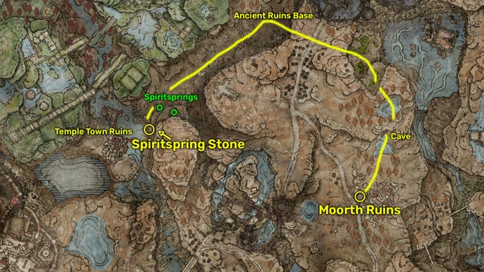 Elden Ring: Shadow Of The Erdtree map image showing the Spiritspring Stone location by the Northern Nameless Mausoleum.