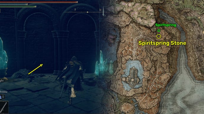 Elden Ring: Shadow Of The Erdtree map image showing the Spiritspring Stone location in Rabbath's Rise.