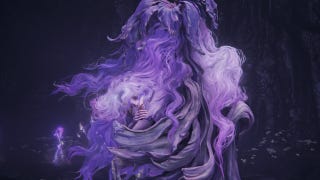 The wispy purple strands of St Trina reveal a small child within the plant-like figure in Elden Ring Shadow of the Erdtree.