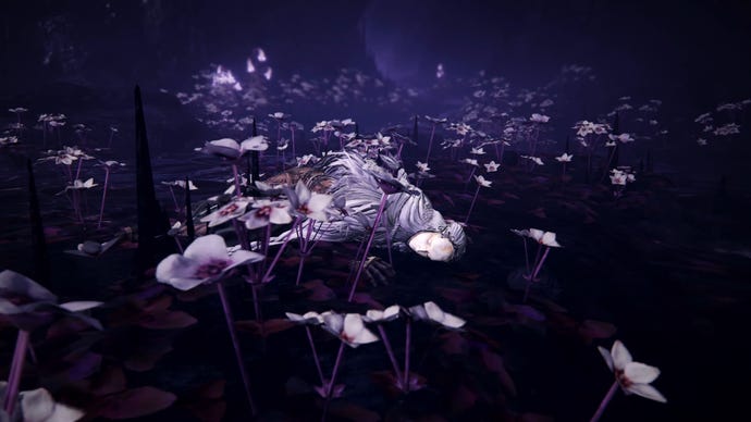St Trina sleeps amid a purple field in the Shadow Of The Erdtree trailer.