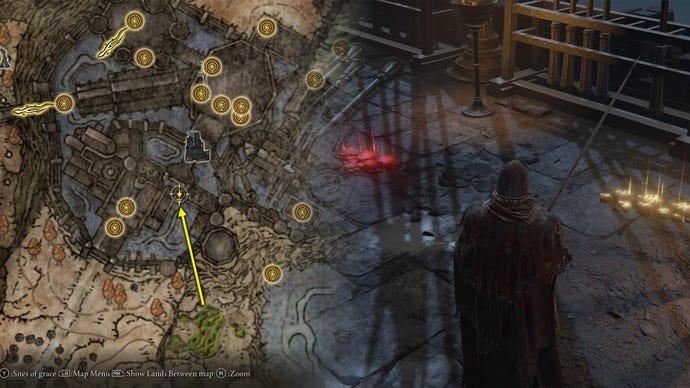Map image and gameplay screenshot showing where to find the Leda and Hornsent summoning signs in Elden Ring: Shadow Of The Erdtree.