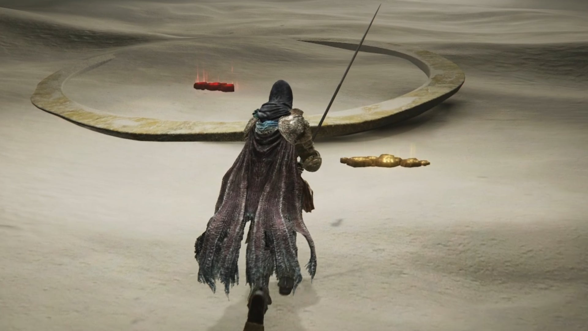 The player in Elden Ring: Shadow Of The Erdtree walks towards two summon signs - one gold, one red - on a sandy floor. - 16