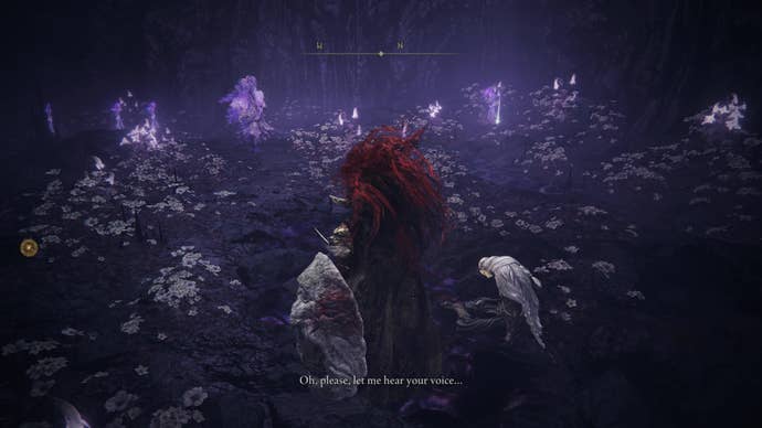 A warrior approaches Thiollier and St Trina in a garden of purple flowers in Elden Ring Shadow of the Erdtree.