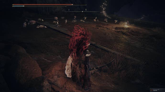 A warrior approaches an eerie collection of sleeping animals arranged in two rows near a Site of Grace in the Stone Coffin Fissure in Elden Ring Shadow of the Erdtree.