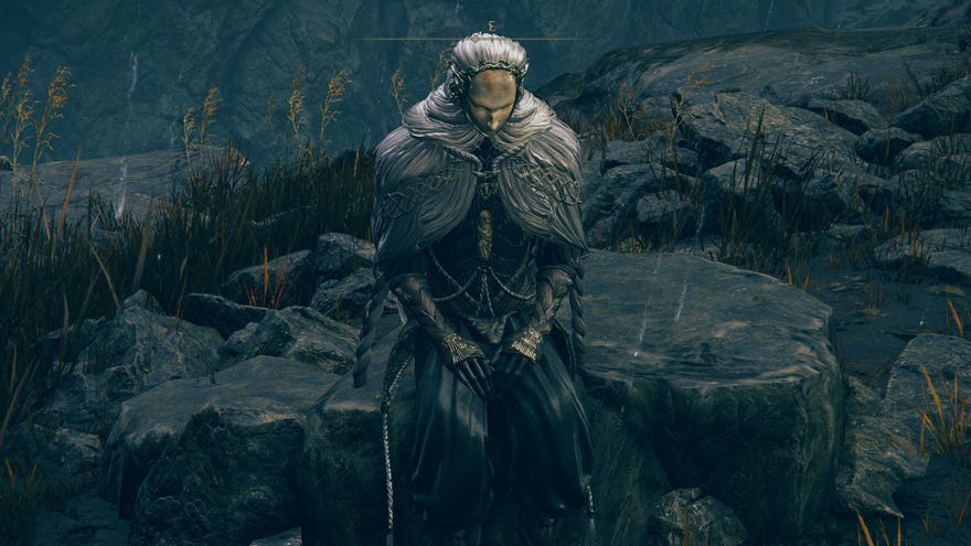 Elden Ring: Shadow Of The Erdtree screenshot of Thiollier sitting by the Pillar Path Cross Site Of Grace.