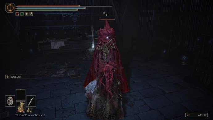 A warrior creeps up behind a Fire Knight in the Storehouse Back Entrance of the Shadow Keep in Elden Ring Shadow of the Erdtree.