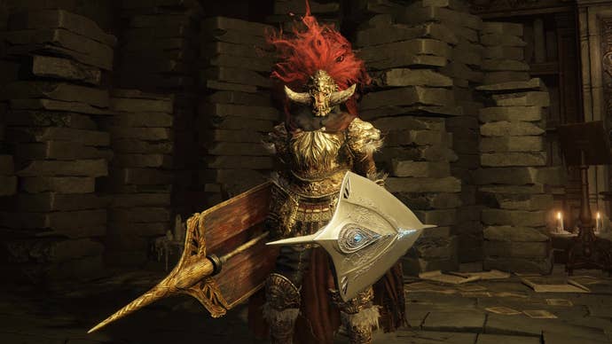 A warrior holds two thrusting shields in either hand in Elden Ring Shadow of the Erdtree