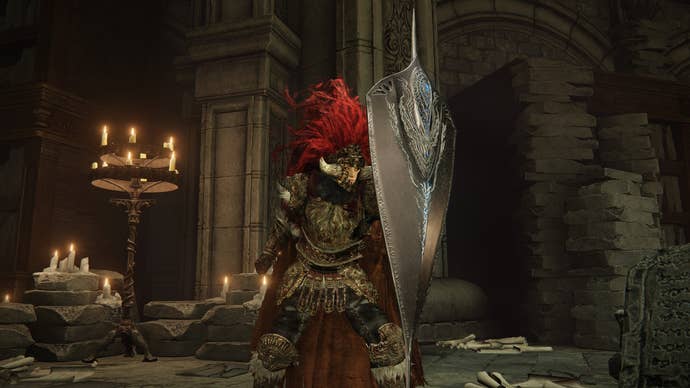 A warrior holds the Carian Thrusting Shield in Elden Ring Shadow of the Erdtree